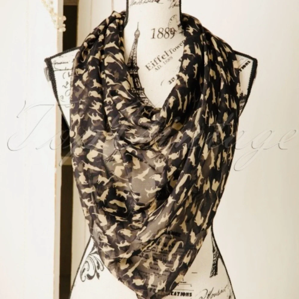 Scarf with Cat Design in Black and Beige EUC